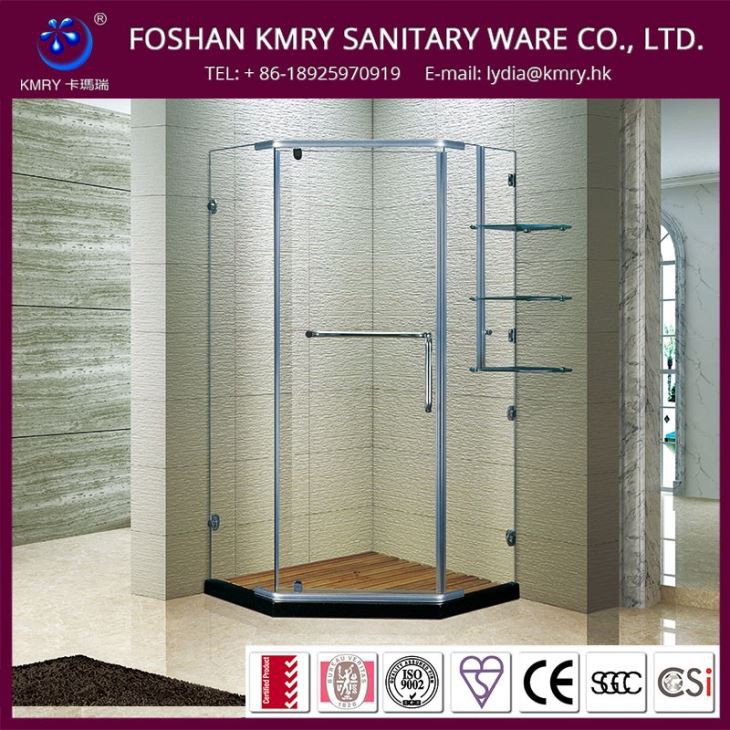 Écran de bain de douche d'angle de diamant sans cadre, avec porte pivot et étagère en verre, salle de douche simple (KK3037)